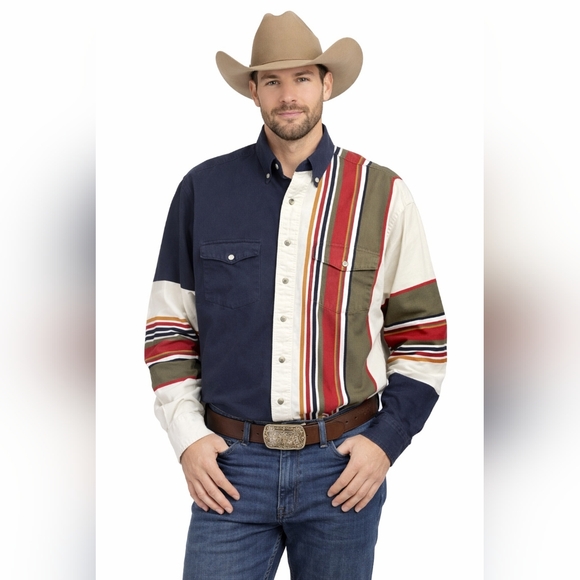 Wrangler Other - Wrangler Western Button Up Shirt 16.5x35 Patchwork Stripe 100% Cotton Rustic